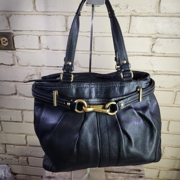 Vintage Coach Hampton Black Leather Pleated Handbag Tote Purse c - Picture 2 of 12